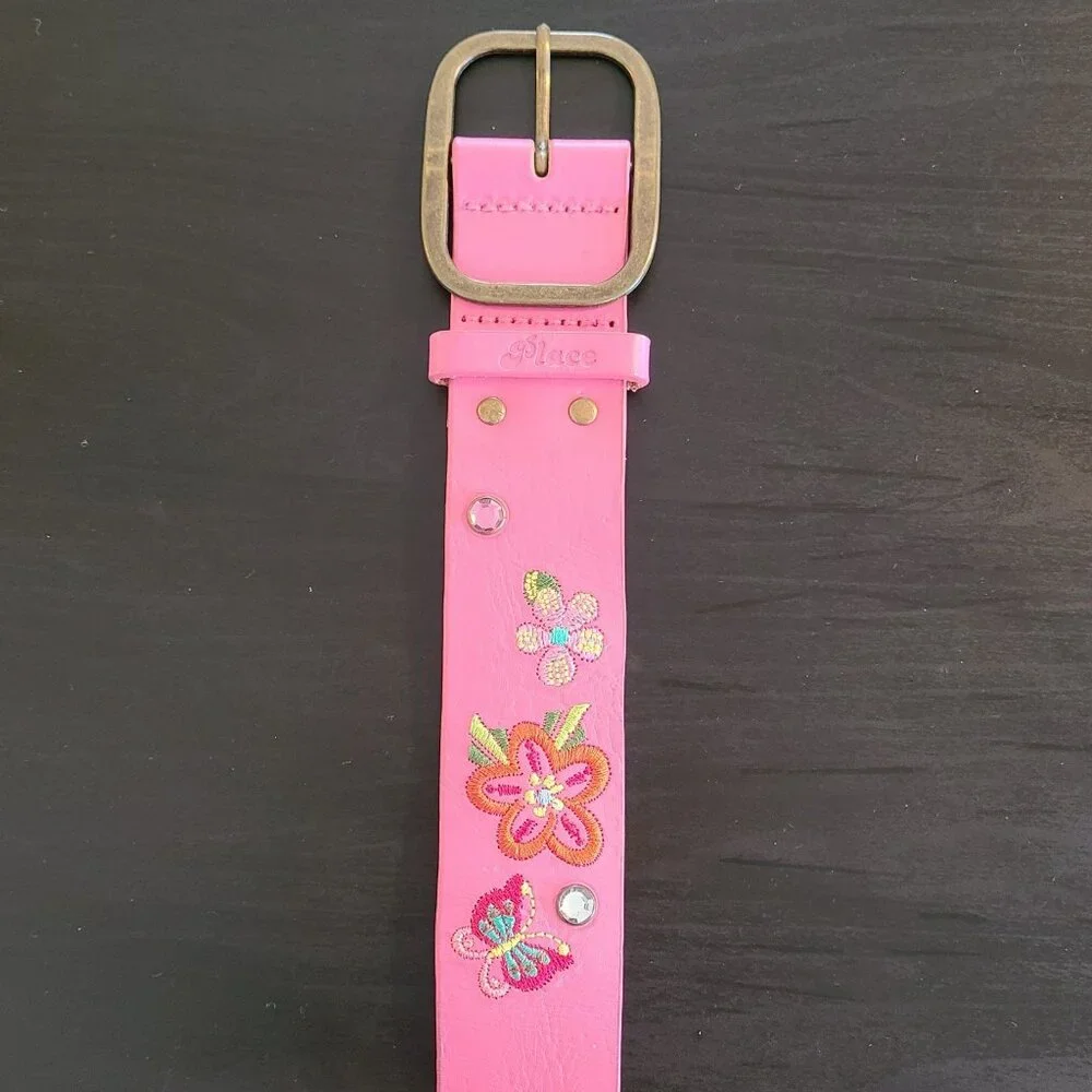 Childrens Place Pink Embroidered Leather Belt Brass Buckle